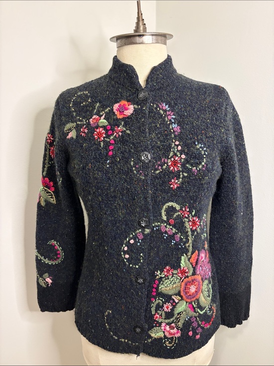 Susan Bristol Jackets & Blazers - SUSAN BRISTOL LTD. Charcoal Hand Embroidered Floral Wool Blend Cardigan SIZE S